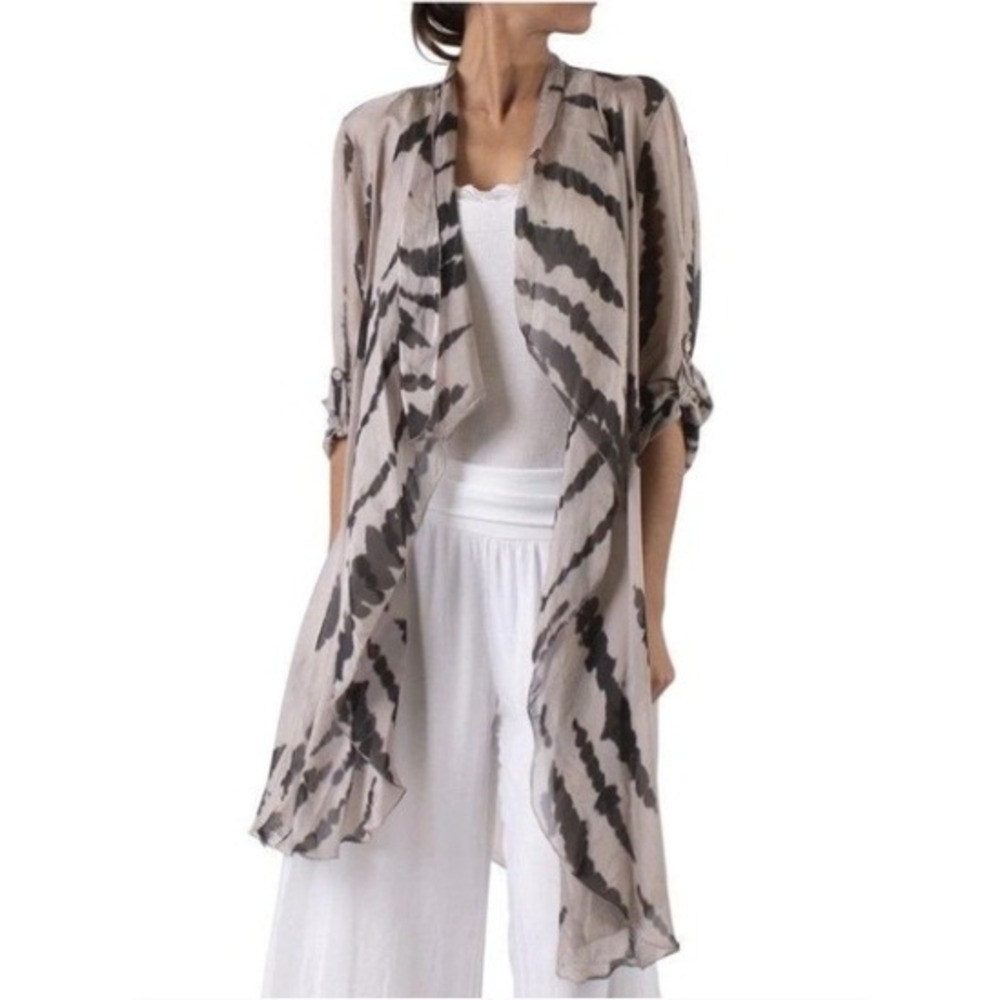 Gigi Moda Silk Blend Tie Dye Kimono Cardigan Made in Italy Taupe Grey